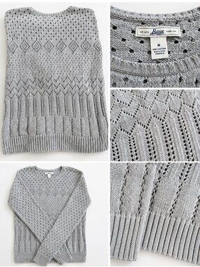 Bass 100% Cotton Open Knit Pointelle Sweater Gray Size Medium